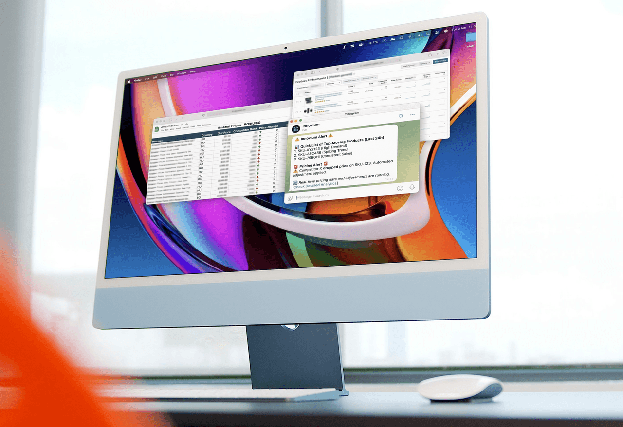 Machetă iMac cu dashboard-ul de prețuri al marketplace-ului Innovium